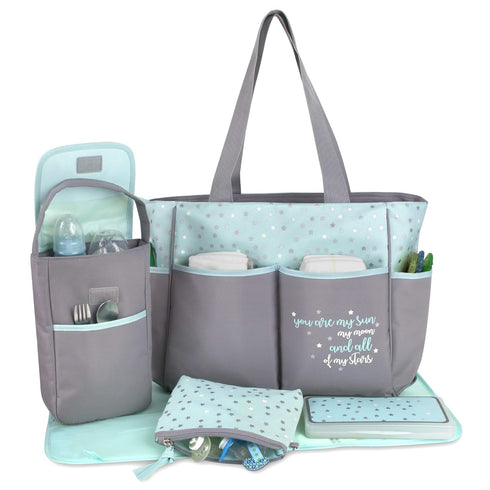 5 Set Baby Essentials Diaper Bag Tote Piece with Sun, Moon, and Stars, Wipes Pocket, Dirty Diaper Pouch, Changing Pad
