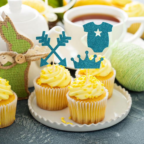 Boao 48 Pieces Glitter Cupcake Toppers for Baby Shower - It's a Boy Jumpsuit, Bodysuit, Carriage, Crown, Arrow Picks