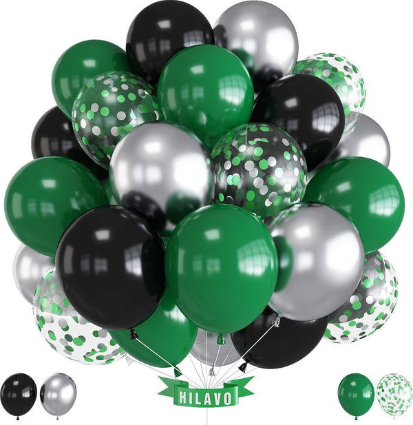 Green Black Balloons, Dark Green Black Silver Confetti Balloons, 35 Pcs 12 Inch for Birthday Party Decorations