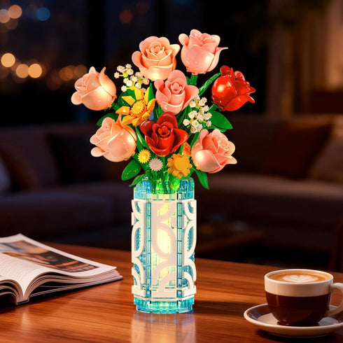 14 Set 747 CUBIMANA Flowers Bouquet Building with Vase and LED Light, for Women, PCS Mini Roses Flower Building Blocks