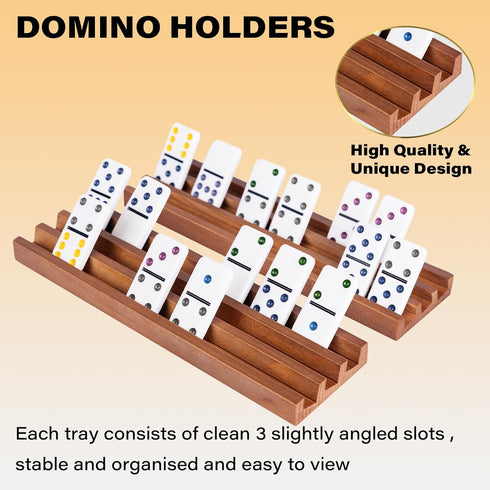 Set 4 WodGod Wooden Domino Racks of Pcs, Wood Domino Tiles Trays, Domino Holders Organizer for Mexican Train and Other