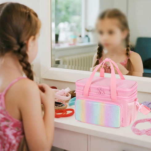 GRAOSO Hair Bow Organizer for Baby Girls, Double Layer Hair Accessories Storage Bag, Rainbow Sequins Design