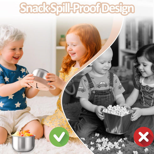 2 Pack 9 OZ BUSOHA Stainless Steel Toddler Snack Cups - Spill-Proof Baby Snack Containers with Silicone Catcher and Lid