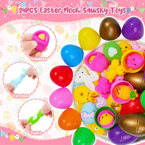 EUOCENK 24PCS Prefilled Easter Eggs with Mochi Squishy Toys, Pre-Stuffed Eggs with Easter Squishies for Kids, Toddlers