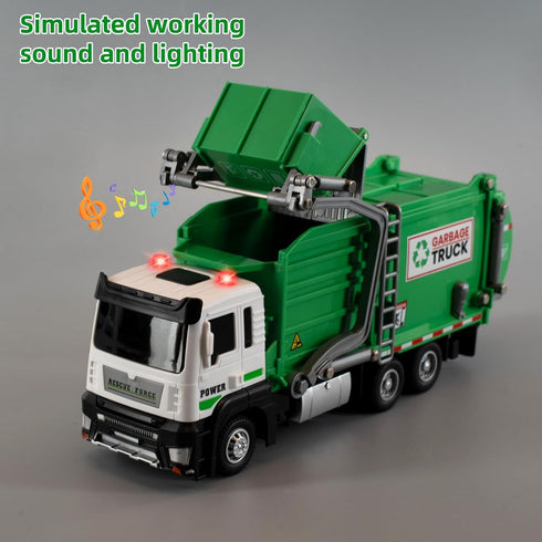 LOVEPOSELY 3-6 Kids Garbage Recycling Truck Toy, Green Pull-Back Truck Model with Sound & Light, Waste Sorting Learning