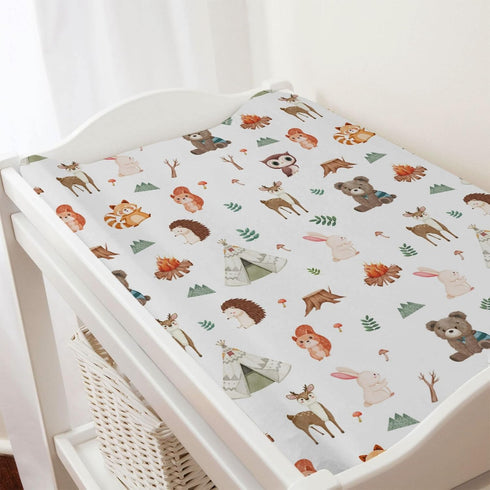 Camping Woodland Animals Changing Pad Cover, 32"x16" Cute Bear Raccoon Squirrel for Boys Girls