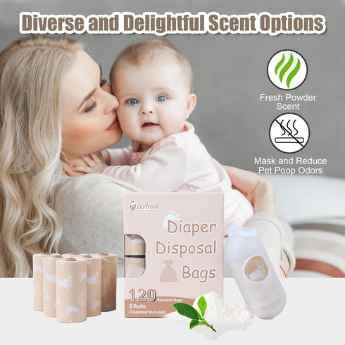 (8 Rolls/120 Diaper Bags Disposable for Baby, Biodegradeable Dirty Diaper Bags Refill Bags) with Dispenser | Leak Proof