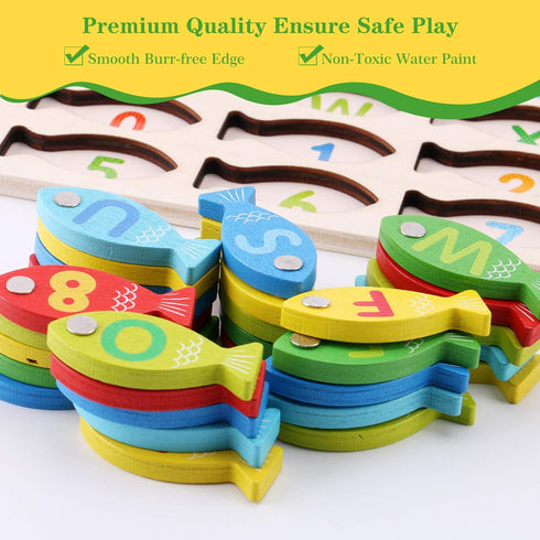 Magnetic Wooden Fishing Game Toy for Toddlers, Alphabet ABC Fish Catching Counting Learning Education Toys