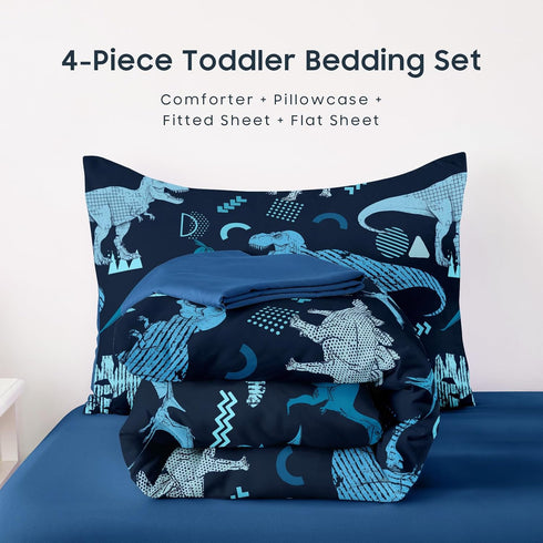 Set 4 Set Wake In Cloud - Dinosaur Toddler Bedding for Boys, Jurassic Dino World Sketch, Pieces Soft Crib Bed Including