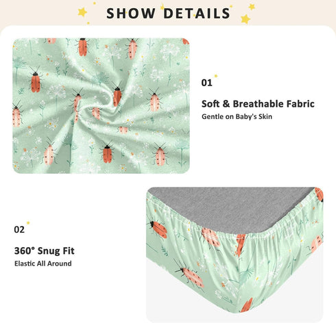 miaozhen 1 Pack 52x28 Cotton Baby Crib Sheets for Boys Girls Soft Grassland Insect Light Green Muslin Crib Sheets