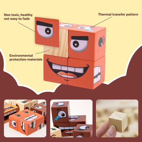Face Change Cube Game, Wooden Face Changing Magic Cube Game with Bell, Mini Expression Puzzle Building Blocks for Kids.