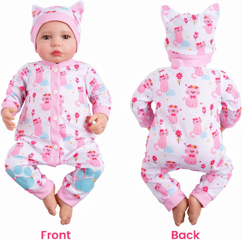 2 17-22 Inch Set BABESIDE Pcs Reborn Babys Doll Clothes for Baby Dolls, Pink Cat Pattern Reborn Baby Dolls Accessories