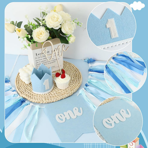 FINDRICH 1st 1 First Birthday Decorations for Boy, Birthday Decorations Boy with High Chair Banner, Number Balloon Cake