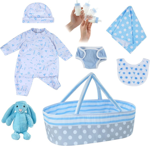 JIZHI 8 Pcs Reborn Baby Doll Accessories with Bassinet for 17-22 Inch Dolls, Realistic Clothes Set