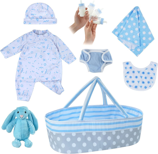 JIZHI 8 Pcs Reborn Baby Doll Accessories with Bassinet for 17-22 Inch Dolls, Realistic Clothes Set