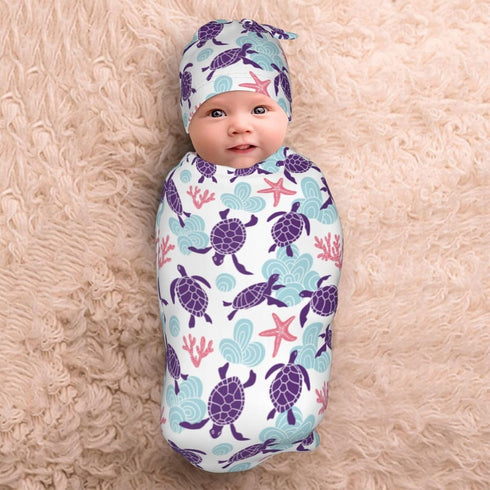 Sanghing Sets Sea Turtle Ocean Coastal Newborn Swaddle Blankets Baby Stuff Soft Swaddling Blanket with Beanie Gifts