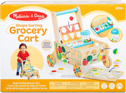 Melissa & Doug Wooden Shape Sorting Grocery Cart - Pretend Play Grocery Toys for Infants and Toddlers Ages 1+