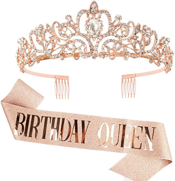 COCIDE Birthday Sash & Tiara Set, Rose Gold Crowns and Tiaras for Women, Rhinestone Queen Headband, Glitter Crystal