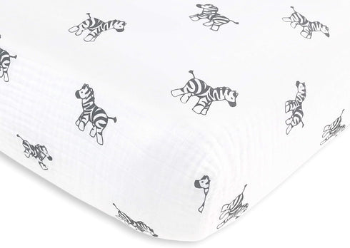 Amazing Baby Cotton Muslin Fitted Crib Sheet, Zebra, Soft Black , 28x52x6