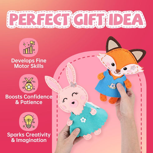 5 Cymbana Kid Sewing Craft Kit to Make a Friend for Beginner Felt Craft Learn to Sew, Panda Fox Bunny Raccoon Bear