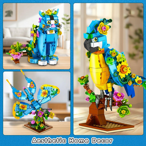 Set, 3 1 412 8 9 10 11 12+ PLAXSOON Flower Cat Building in Floral Parrot Butterfly Animal Figure Building Toy for Home