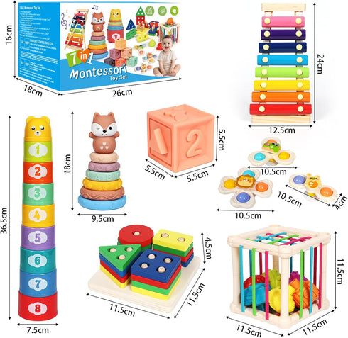 18-36 7-in-1 Set LearnToy Baby Toys Months, Montessori Activity - Stacking Blocks, Infant Teething Toy & Sensory Bin