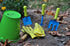 2 Pack Set JustForKids Garden Tool Green & Blue Metal Pails with Mini Shovel, Rake & Cultivator, Wooden Handles Outdoor