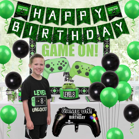 8th Birthday Decorations for Boys, Level Up Video Game Party Supplies, Green Black Balloons, Game Controller Banner