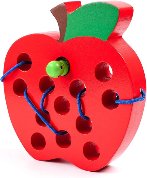 JCREN Wooden Lacing Apple Threading Toys - Wood Lace Block Puzzle Shape Travel Game for 3-5 Years Old Kids