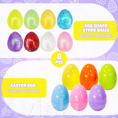 8 Pack Easter Eggs with Egg Shape Stree Ball Toys, Easter Basket Stuffers for Kids Toddlers, Squeeze Toys for Easter