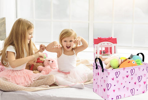 Rectangle Heart Pattern Kids Pink Storage Basket, Laundry Hamper with Handles, Baby Toys Storage Box for Boys and Girls