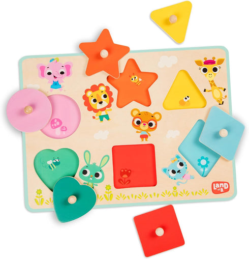 18+ B. toys Wooden Peg Puzzle for Kids Shapes, Colors, Animals Wooden Toys for Toddlers, Kids Months