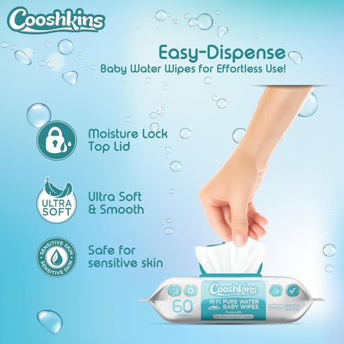COOSHKINS 60 Count (Pack 1) 99.9% De-Chlorinated Pure Water Baby Wipes | Soft & Thick of Gentle Unscented Wipes