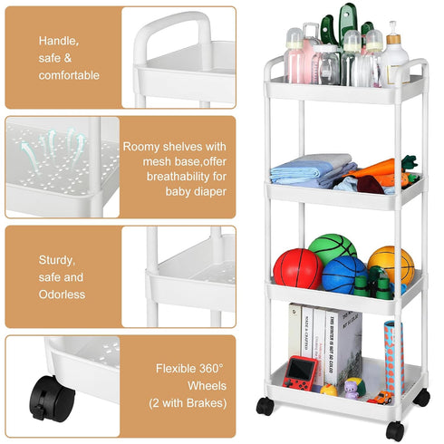 4-Tier Barydat Baby Diaper Cart Movable Diaper Caddy Organizer Rolling Plastic with Wheels White Essentials Baby