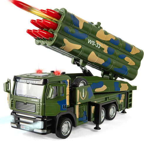 Youlechen Army Truck Toy, Military Vehicle Toy with 9 Missile Launcher Alloy Cab,