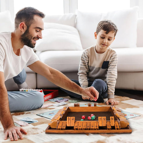 Upgraded Shut The Box Dice Game - 16.54’’ Wooden Board Math Game with 15 Numbers for 1-4 Players, 16 Dices