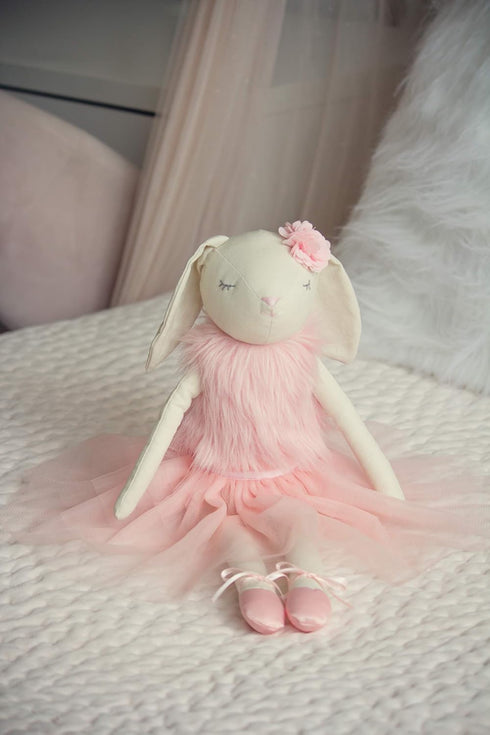 Lilly The Bunny, Beautiful Cream Cotton Linen Plush Doll with Floppy Ears, Authentic Pink Ballerina Tutu, Cuddly Fur Top