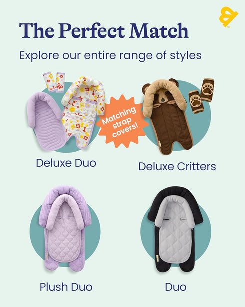 2-in-1 GoldBug Deluxe Duo Head Support + Matching Strap Covers for Baby and Infant Car Seats - Bear