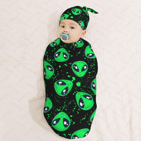 Green Alien Head Newborn Swaddle Blanket and Hat Set, Soft Baby Receiving Blanket for Infant Boy Girl Gift