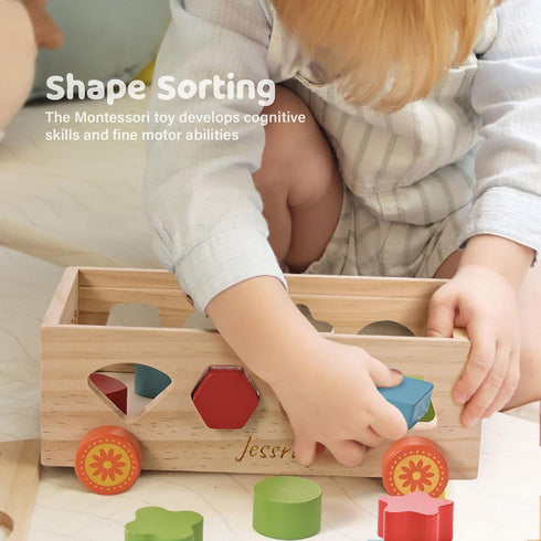 Set Shape Sorter - Wooden Xylophone and Montessori Number Puzzle for Babies - Educational Sorting Game with Storage Car