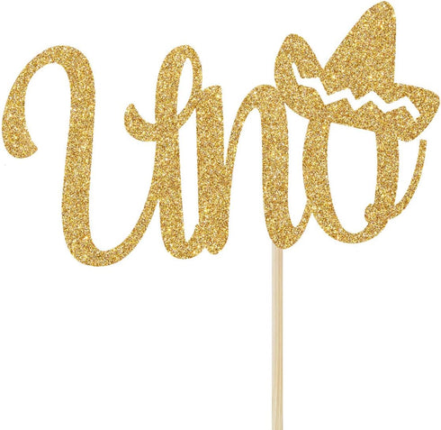 Spanish Uno Cake Topper Fiesta Party Decor for Mexican 1st Birthday Decoration, Gold Glitter