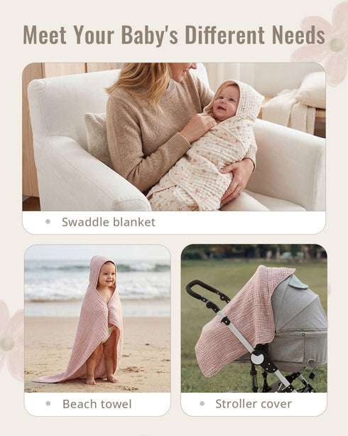 2 Pack, Blissful Diary Muslin Baby Hooded Towel Soft & Absorbent Bath Towel for Baby Girls, Infant Gift, Newborn