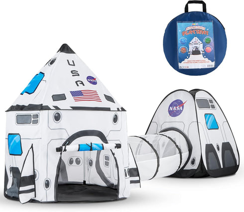 JOYIN White Rocket Ship Pop Up Play Tent - Kids Indoor Outdoor Spaceship Tent Set with Tunnel and Playhouse