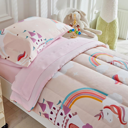 4 Set Set 1 Set 1 1 1 Pieces Toddler Bedding for Girls Light Pink Unicorn Toddler Bed - Soft Castle Rainbow Cute