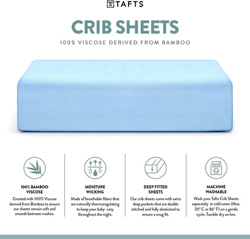 Tafts Crib Sheets, 100% Viscose Bamboo Fitted, 8 Inch Deep Pocket, Standard Crib & Toddler Mattress, Cooling, Soft, 360
