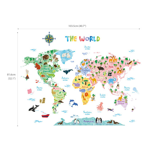 DECOWALL SG2-1615S Animal World Map Kids Wall Decals, Peel and Stick Removable Stickers for Nursery and Bedroom