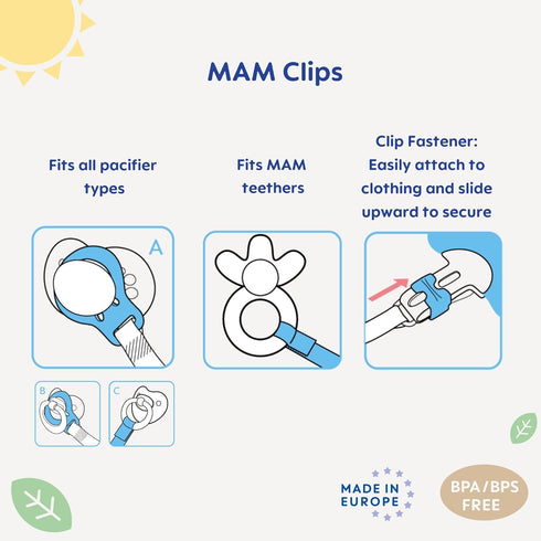 (2 Pack) MAM Universal Pacifier Clip Baby Pacifier Holder Strap with One Hand Sliding Clip, Fits All Pacifiers