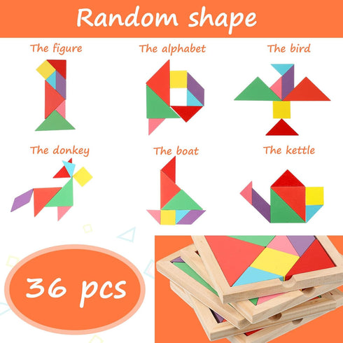 36 Pieces Wooden Tangrams Puzzles by Shappy for Students Party Favors, Geometric Pattern Blocks for Educational