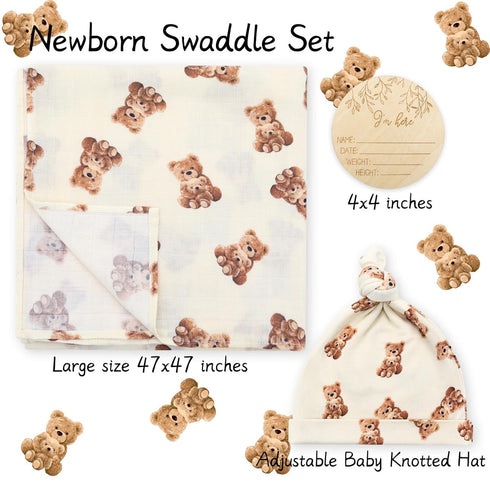 Set LifeTree Muslin Swaddle Blankets, Muslin Baby Swaddle Blanket and Hat with Birth Announcement Card, Newborn Unisex