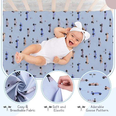 4 Pack 52" 28" Set, SmoothNovelty Race Car Crib Fitted Sheet for Boys Girls - x Fitted Baby Sheet with Cars and Gingham
